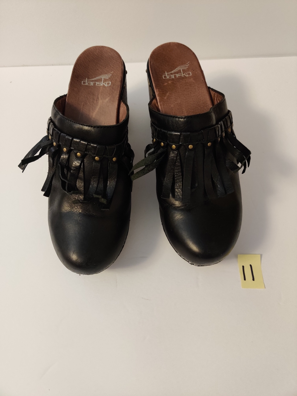 Dansko Black Leather Fringe Slip-On Clogs 39/9
